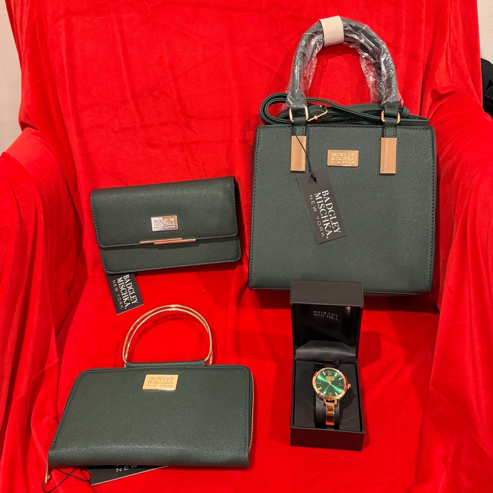 Lot Of Badgley Mischka Handbag Green Crossbody Purse & Watch & Clutch & Wallet